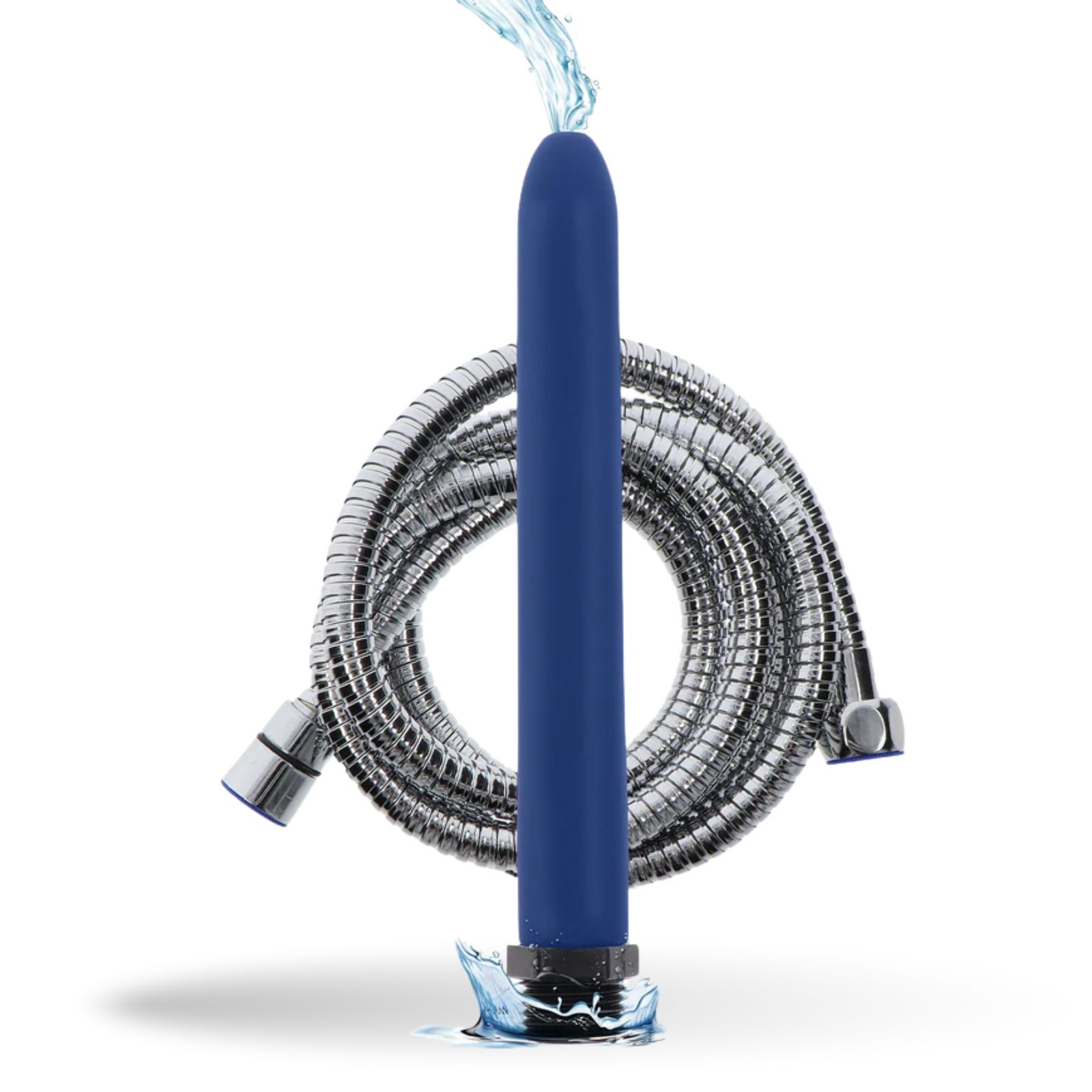 Blauer Duschaufsatz mit Schlauch. Wasserstrahl. Intimdusche.