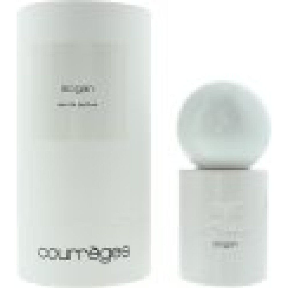 Courrèges Slogan Eau de Parfum Flasche und Verpackung. Weiße zylindrische Dose mit Aufschrift.