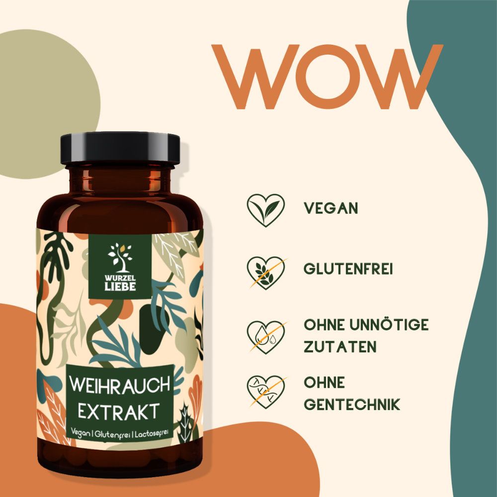 Braune Flasche mit Kapseln. Aufschrift: WURZELLIEBE Weihrauch Extrakt. Vegan, glutenfrei, ohne unnötige Zutaten, ohne Gentechnik.