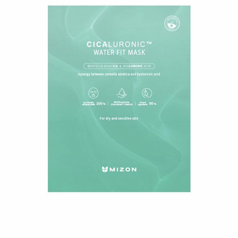 Türkisgrüne Maskenverpackung. Aufschrift: Cicaluronic Water Fit Mask. Marke: Mizon. Für trockene und sensible Haut.
