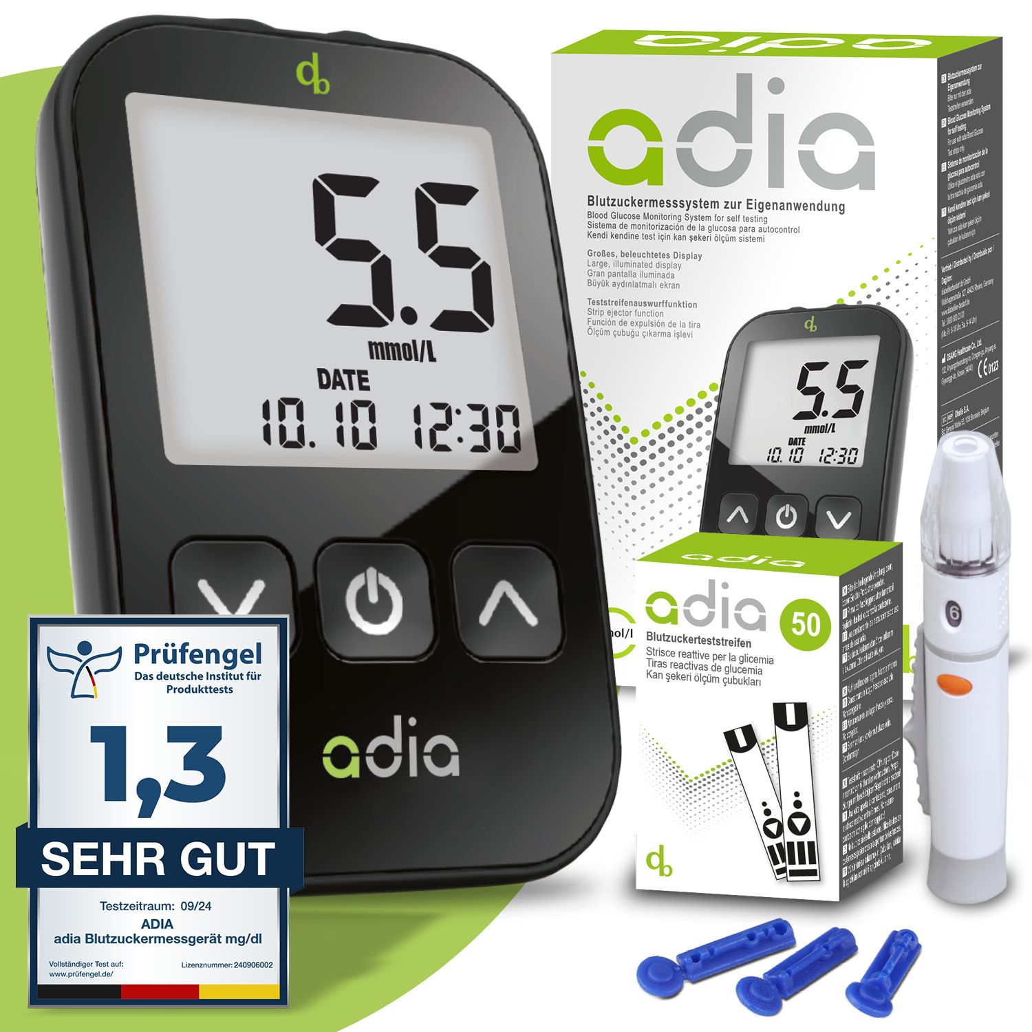 adia Diabetes-Set, mmol/L mit 60 Blutzuckerteststreifen, Stechhilfe,  Lanzetten