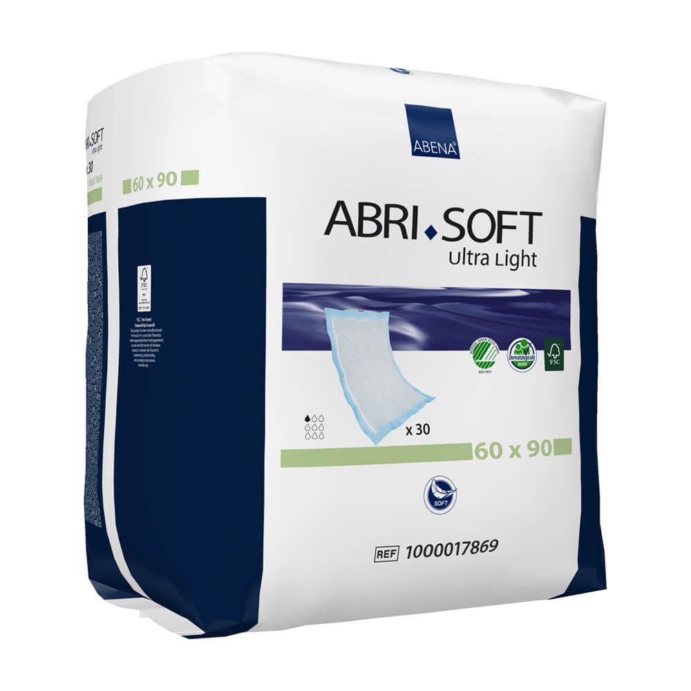 Abri-Soft Ultra Light, 60 x 90 cm, Packung mit 30 Stück. Verpackung mit Produktabbildung, Logo und Zertifizierungen.