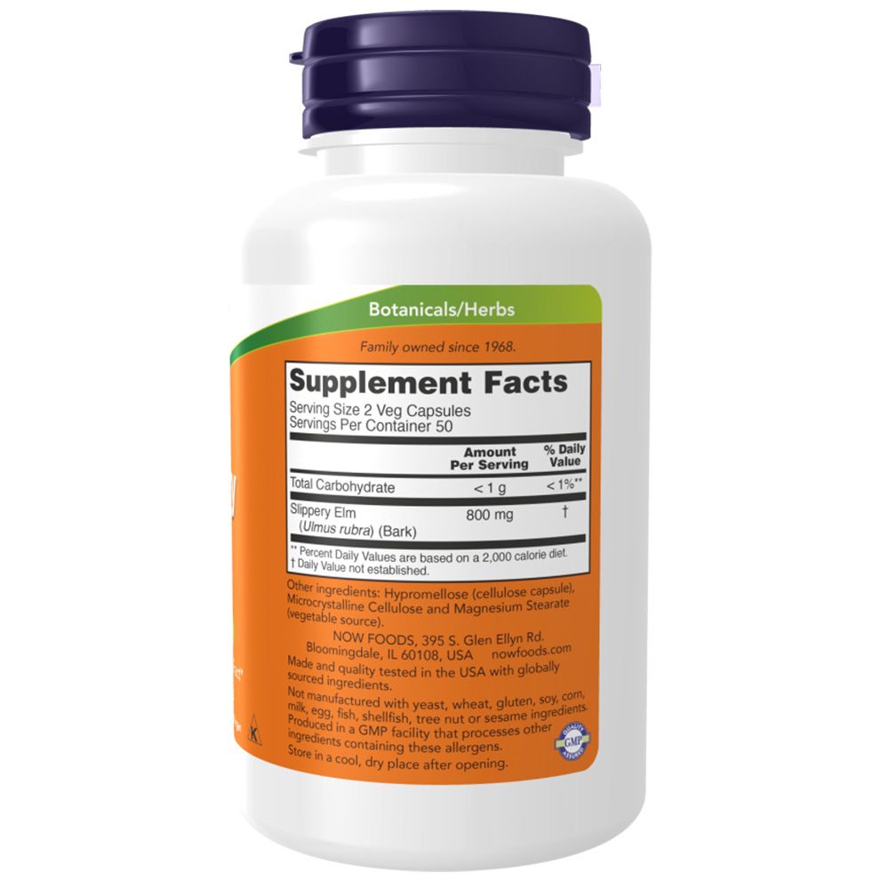 Rückseite der Flasche. Aufschrift: Supplement Facts, Slippery Elm 800 mg. Enthält Inhaltsstoffe. Marke: NOW.