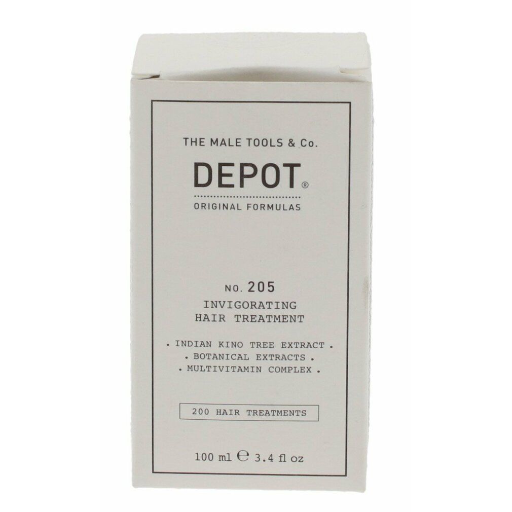 Weißer Karton mit Aufschrift: DEPOT No. 205 Invigorating Hair Treatment. Enthält indischen Kino-Baum-Extrakt, botanische Extrakte und Multivitamin-Komplex.