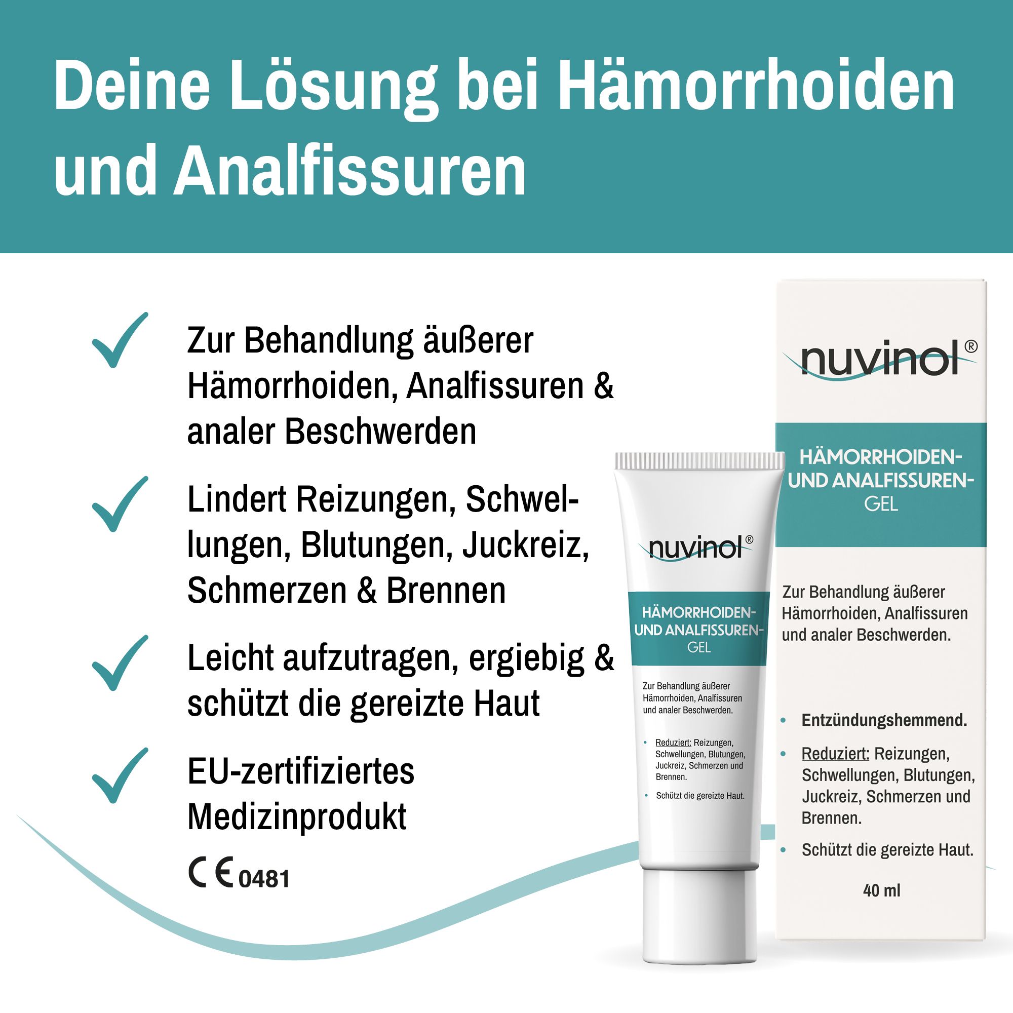 Produkt und Verpackung "nuvinol" Gel. Text: "Deine Lösung bei Hämorrhoiden und Analfissuren".