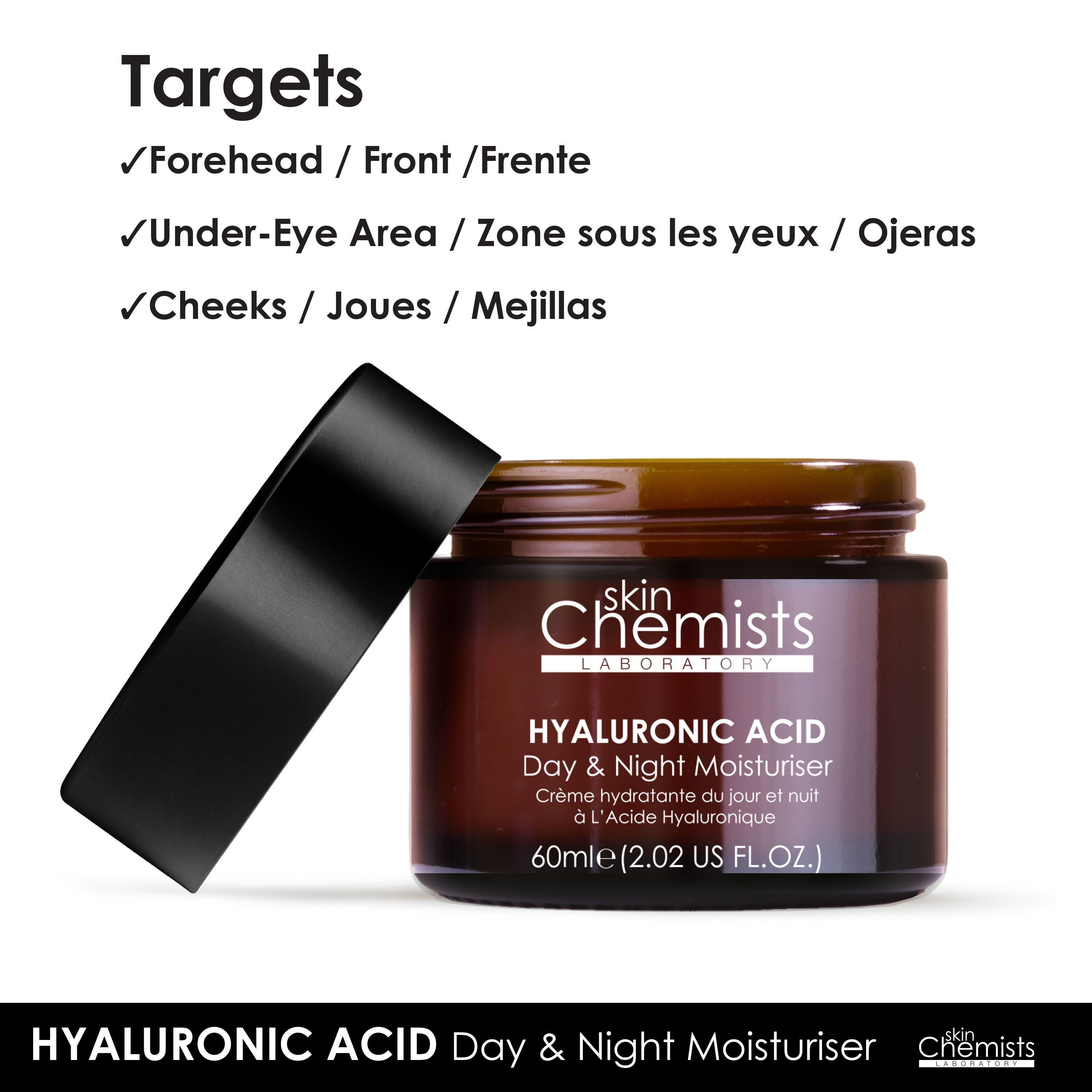 Brauner Glastiegel mit schwarzem Deckel. Aufschrift: HYALURONIC ACID Day & Night Moisturiser. Ziele: Stirn, Augenpartie, Wangen.