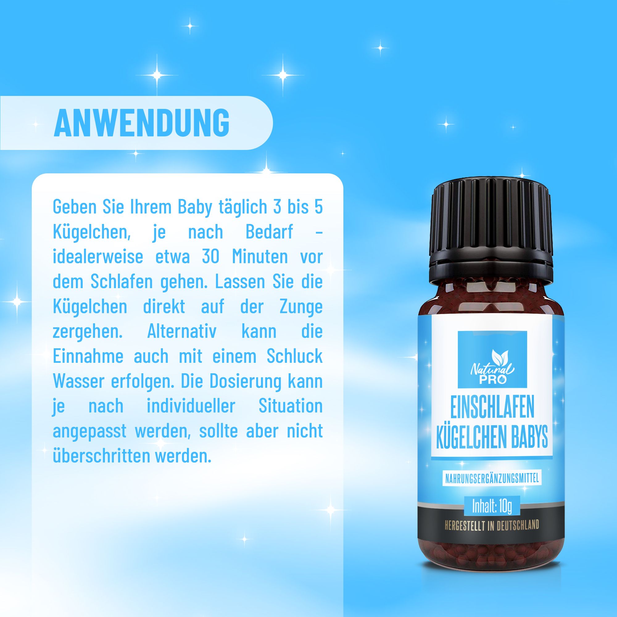Flasche Natural Pro Einschlafen Kügelchen Babys. Anwendungshinweise. Text: Geben Sie Ihrem Baby täglich 3 bis 5 Kügelchen...