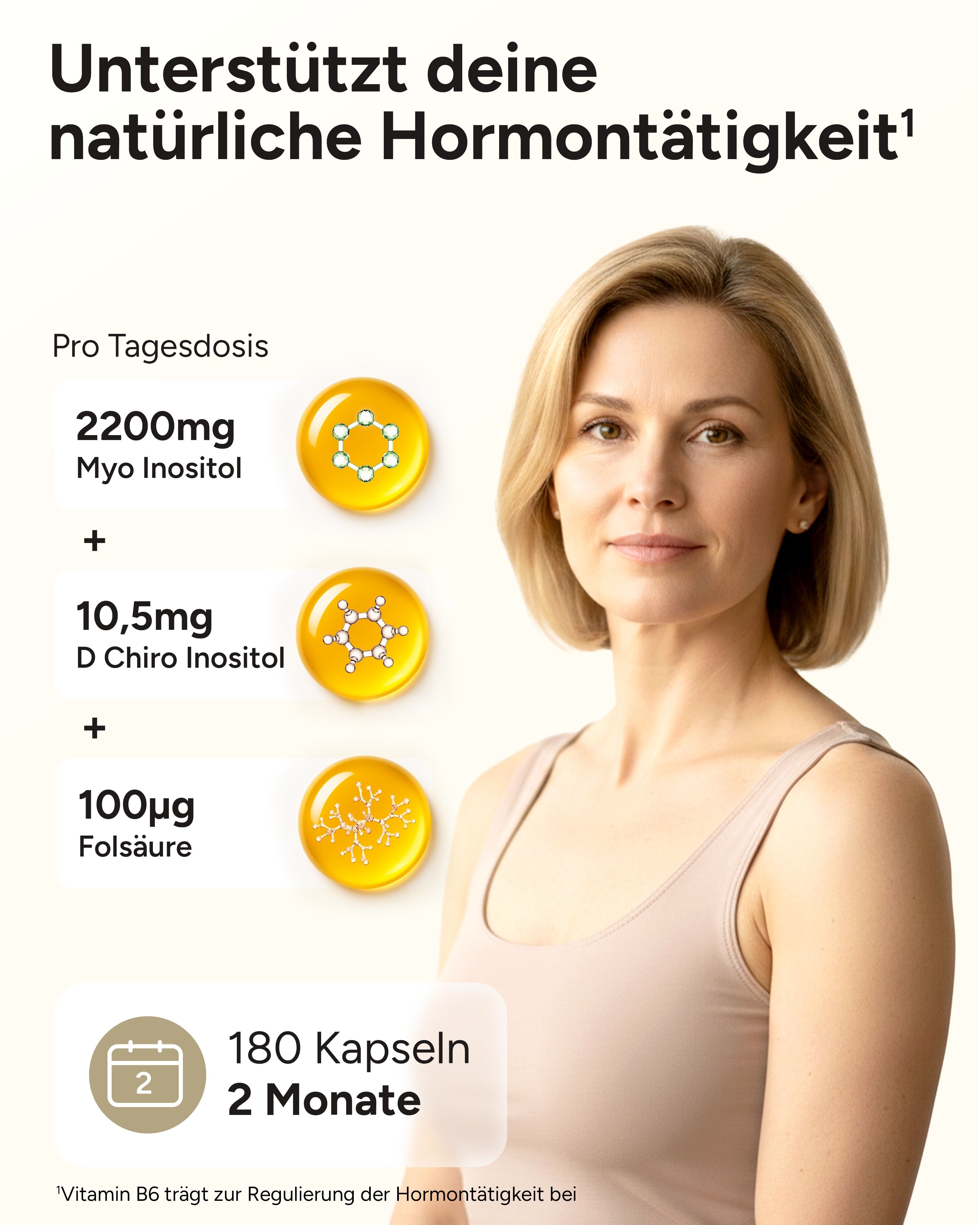 Frau mit Informationen zu Inhaltsstoffen. 2200mg Myo Inositol, 10,5mg D Chiro Inositol, 100µg Folsäure. 180 Kapseln für 2 Monate.