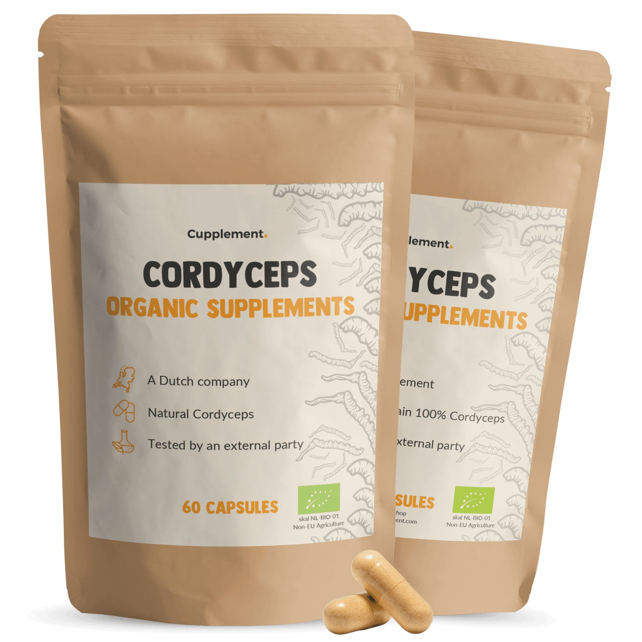 Zwei Beutel Cupplement® Cordyceps Kapseln. Aufschrift: Cordyceps Organic Supplements, 60 Kapseln. Zwei Kapseln liegen daneben.