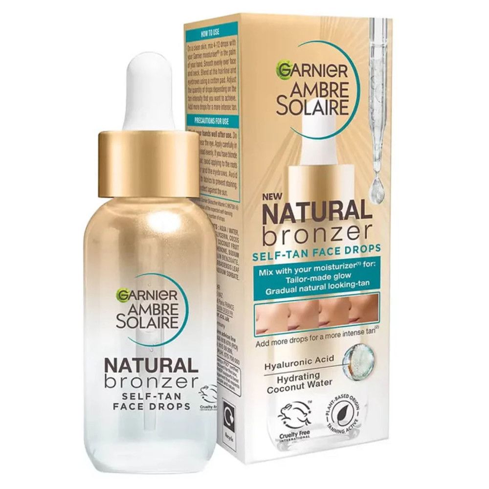 Garnier Natural Bronzer Selbstbräunungsserum. Flasche mit Pipette und Verpackung. Text: Natural Bronzer, Self-Tan Face Drops.
