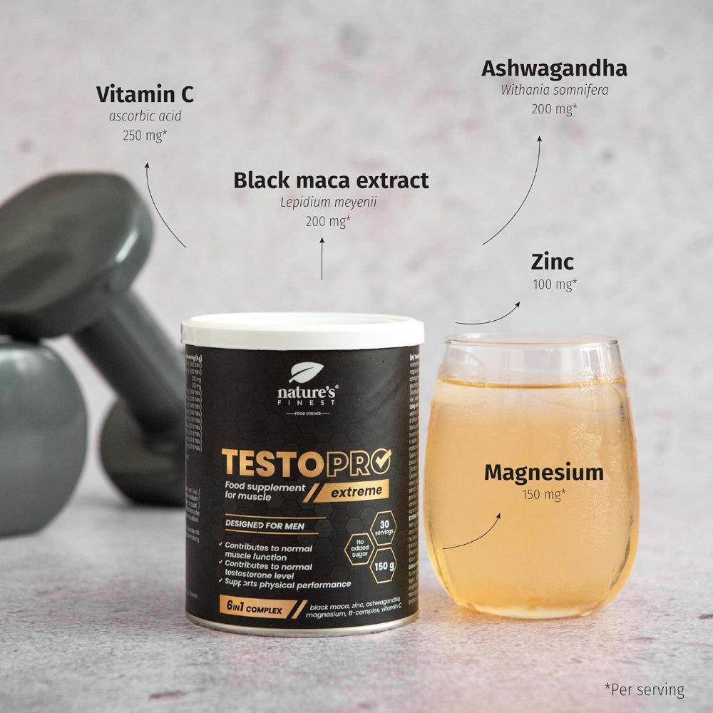 Dose Nature's Finest TestoPRO Extreme, Glas mit Flüssigkeit, Zutaten-Grafik. Schwarze Dose, weißer Deckel. Text.