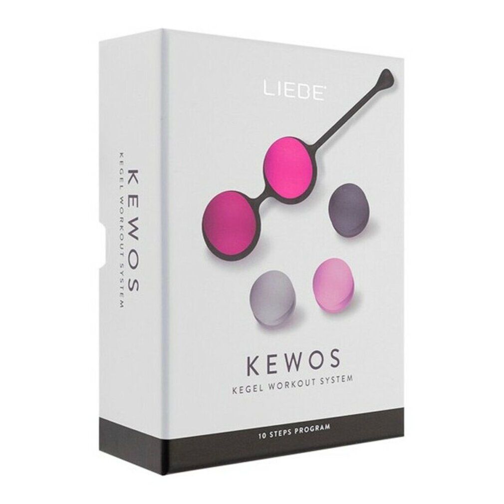 Verpackung des Kegel Workout Systems. Enthält Kugeln in Schwarz, Rosa, Grau und Hellrosa. Aufschrift: LIEBE, KEWOS, 10 STEPS PROGRAM.