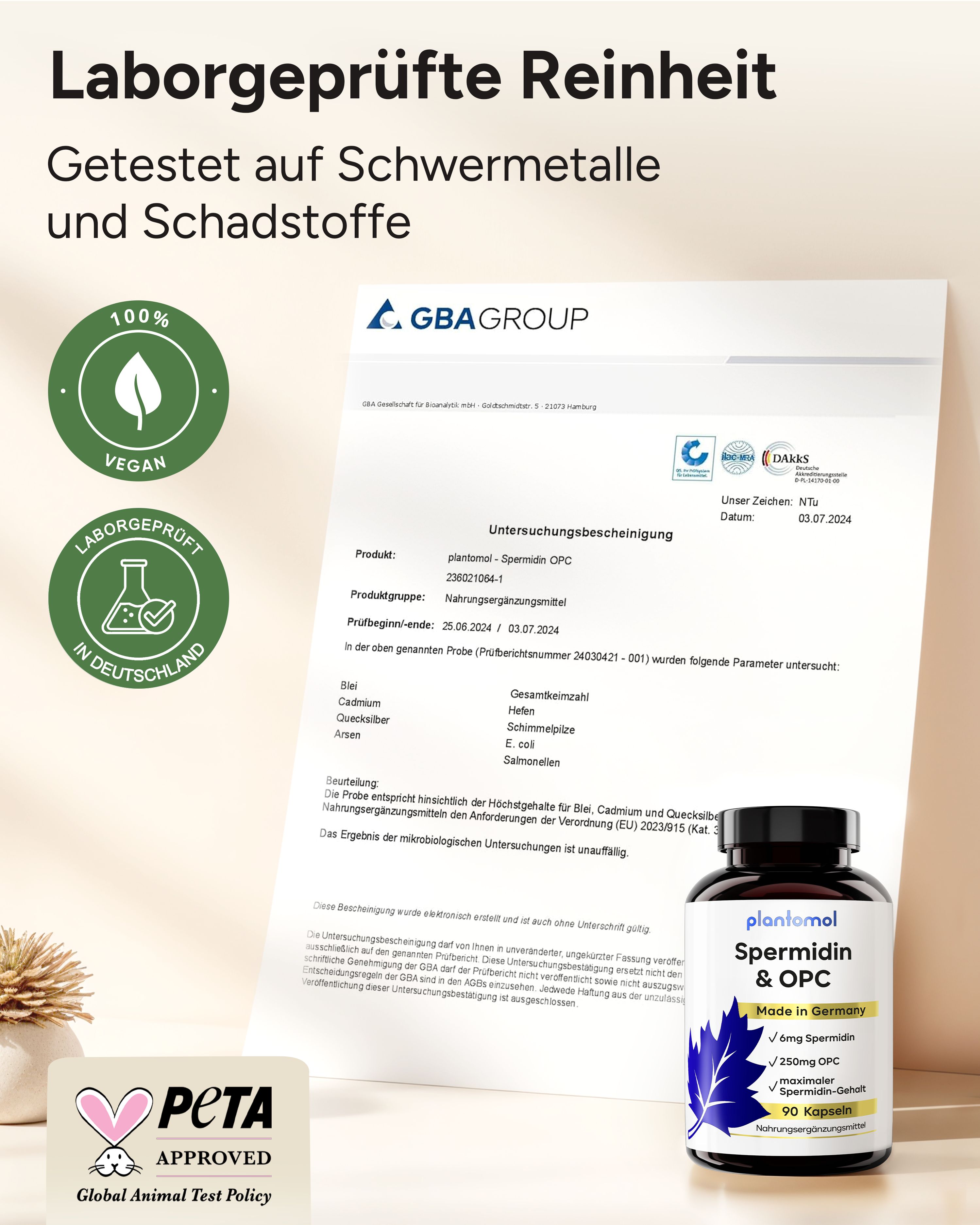 Produktflasche mit Text: plantomol Spermidin & OPC. Laborgeprüfte Reinheit. Vegan, PETA-Logo. GBA-Zertifizierung.