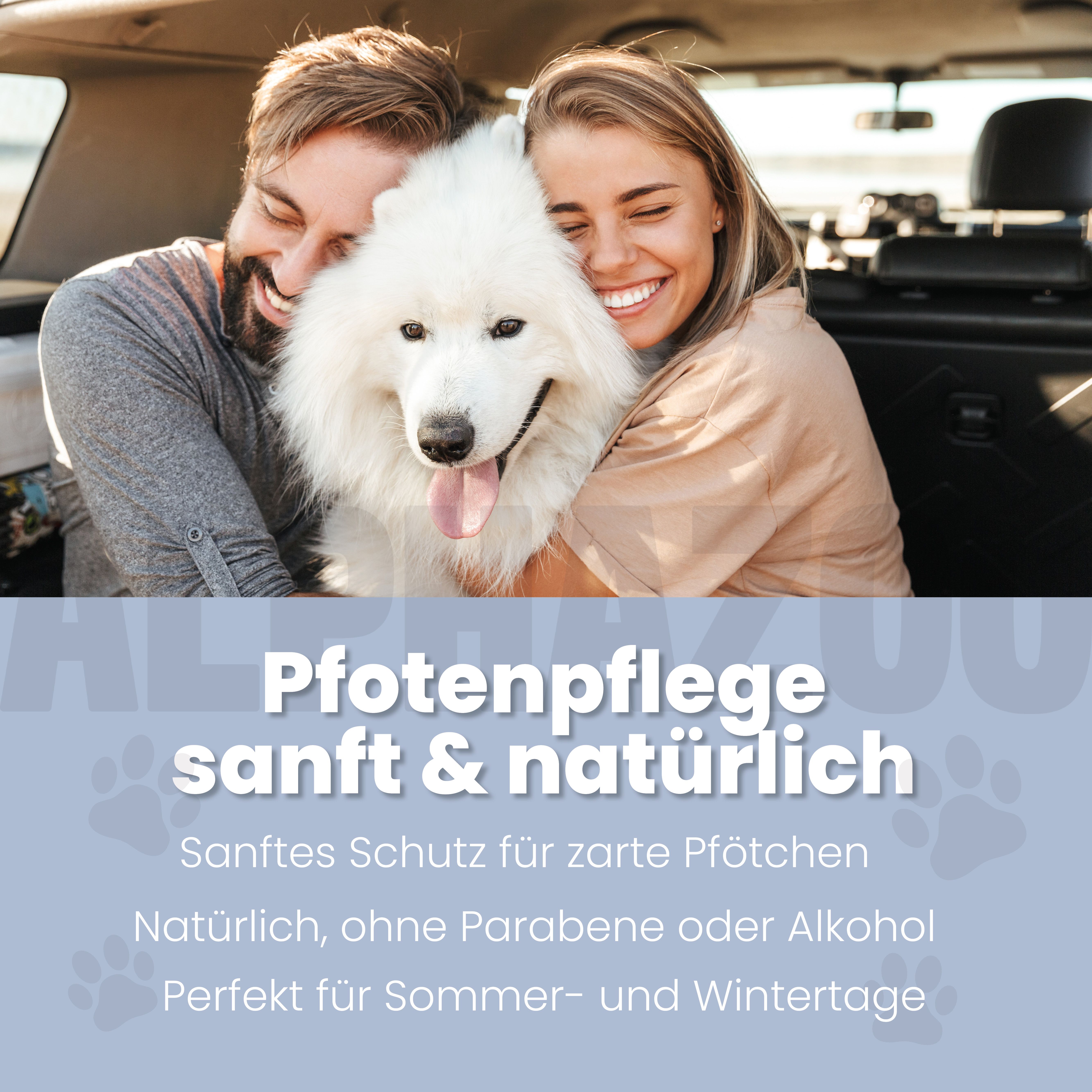 Ein Paar umarmt einen Hund im Auto. Text: "Pfotenpflege sanft & natürlich".