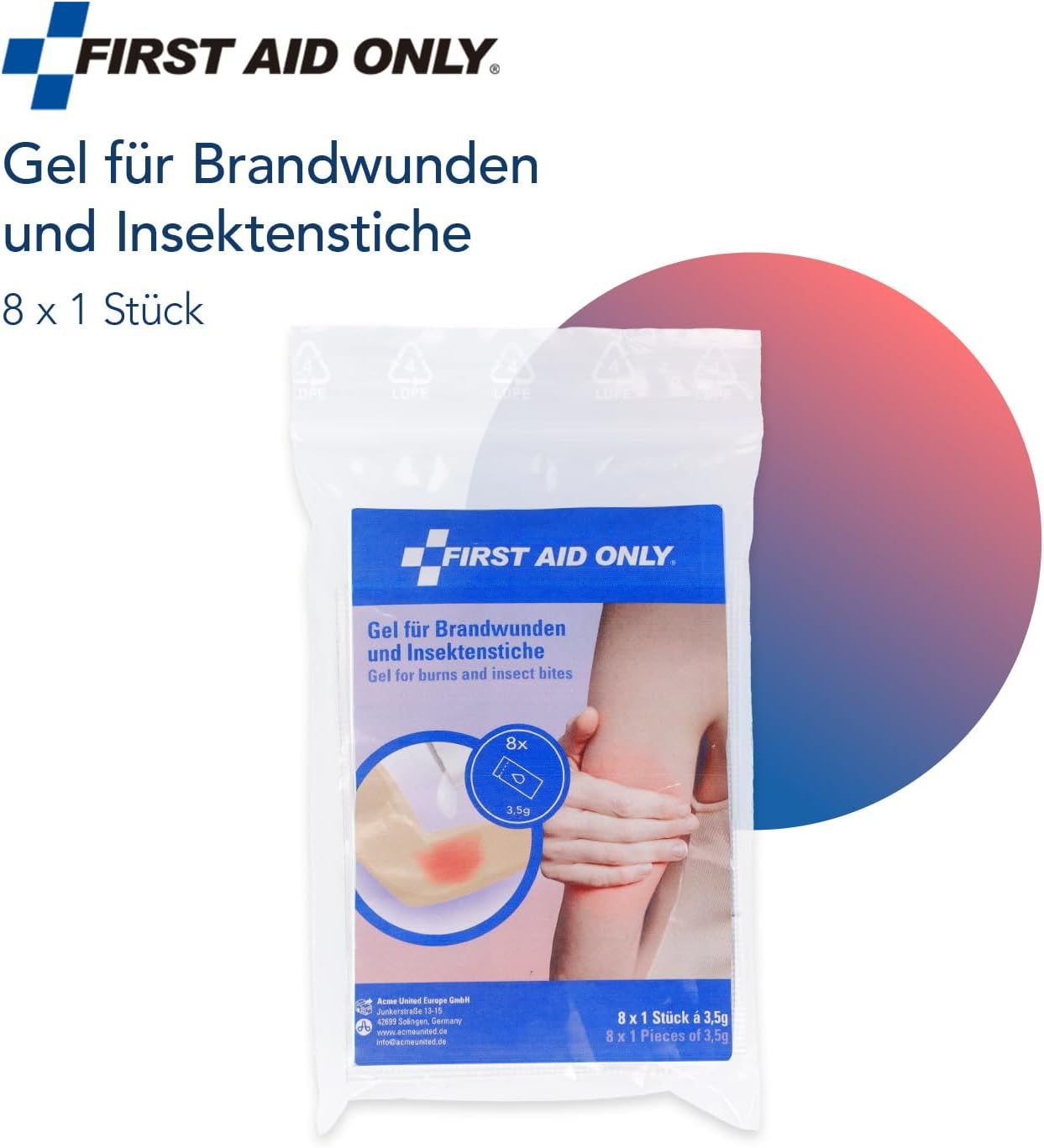 Packung mit 8 Gel-Päckchen für Brandwunden und Insektenstiche. Marke: FIRST AID ONLY. Abbildung: Arm mit Verbrennung.
