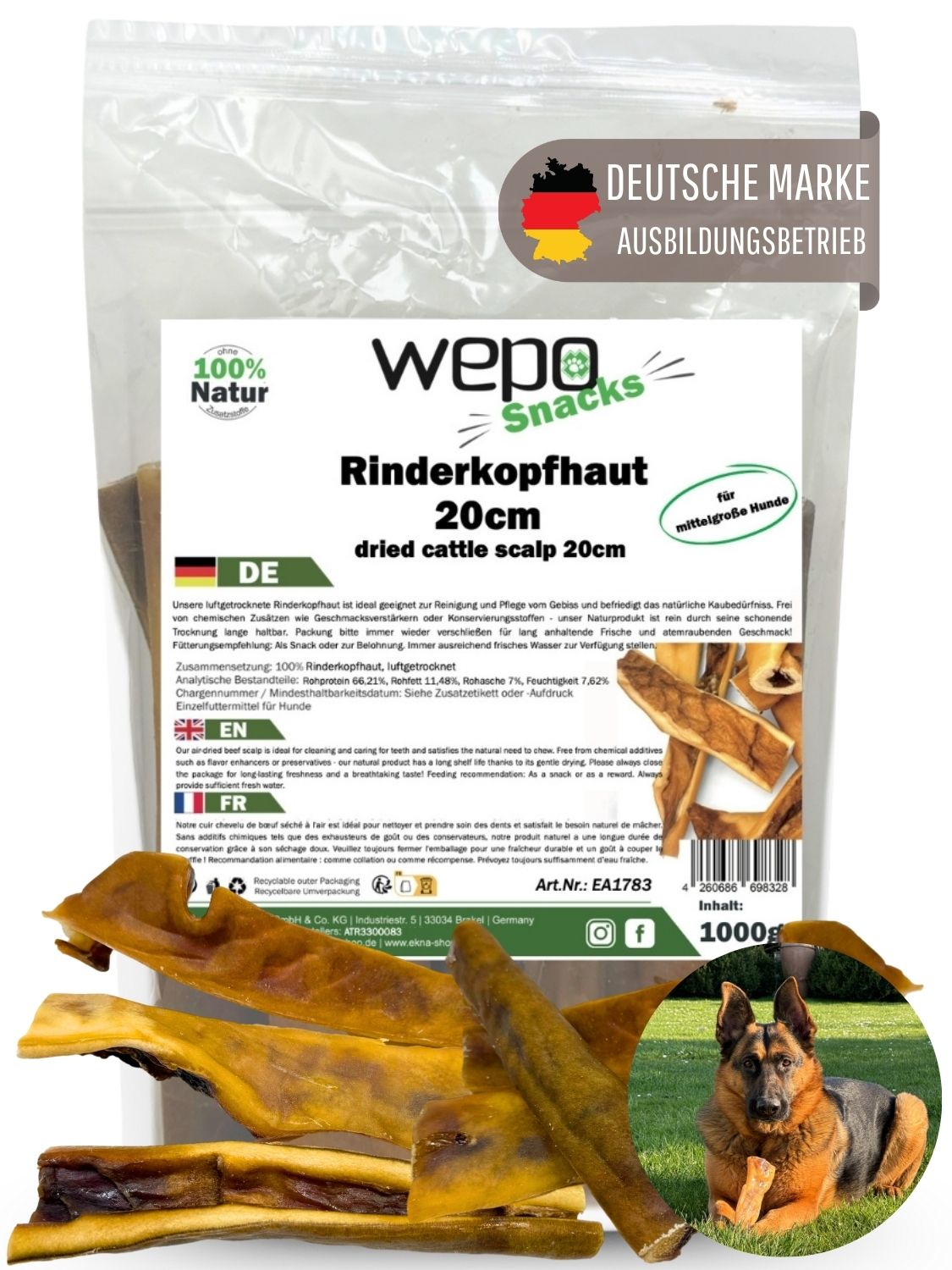WEPO Snacks Rinderkopfhaut 20cm. Getrocknete Rinderkopfhaut. Für mittelgroße Hunde. Verpackung mit Produkt und Hund.