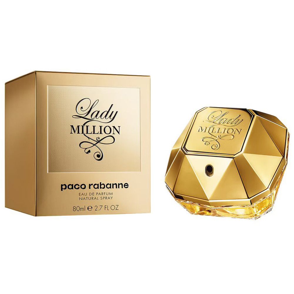 Goldfarbener Flakon und Schachtel. Aufschrift Lady MILLION und paco rabanne. 80ml.