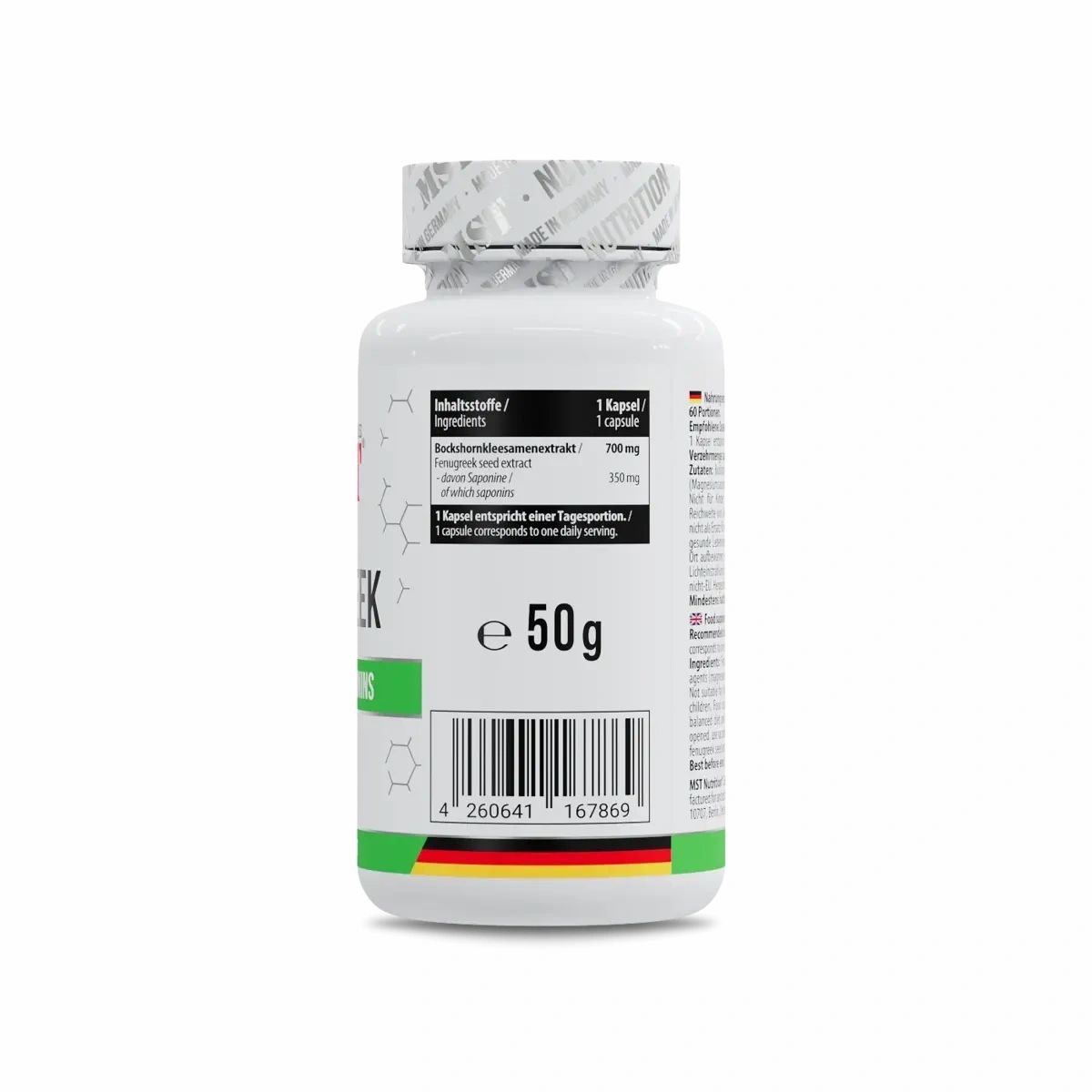 Rückseite einer weißen Flasche MST Fenugreek. Etikett mit Inhaltsstoffen, Barcode, und Text. 50g. Flagge Deutschland.