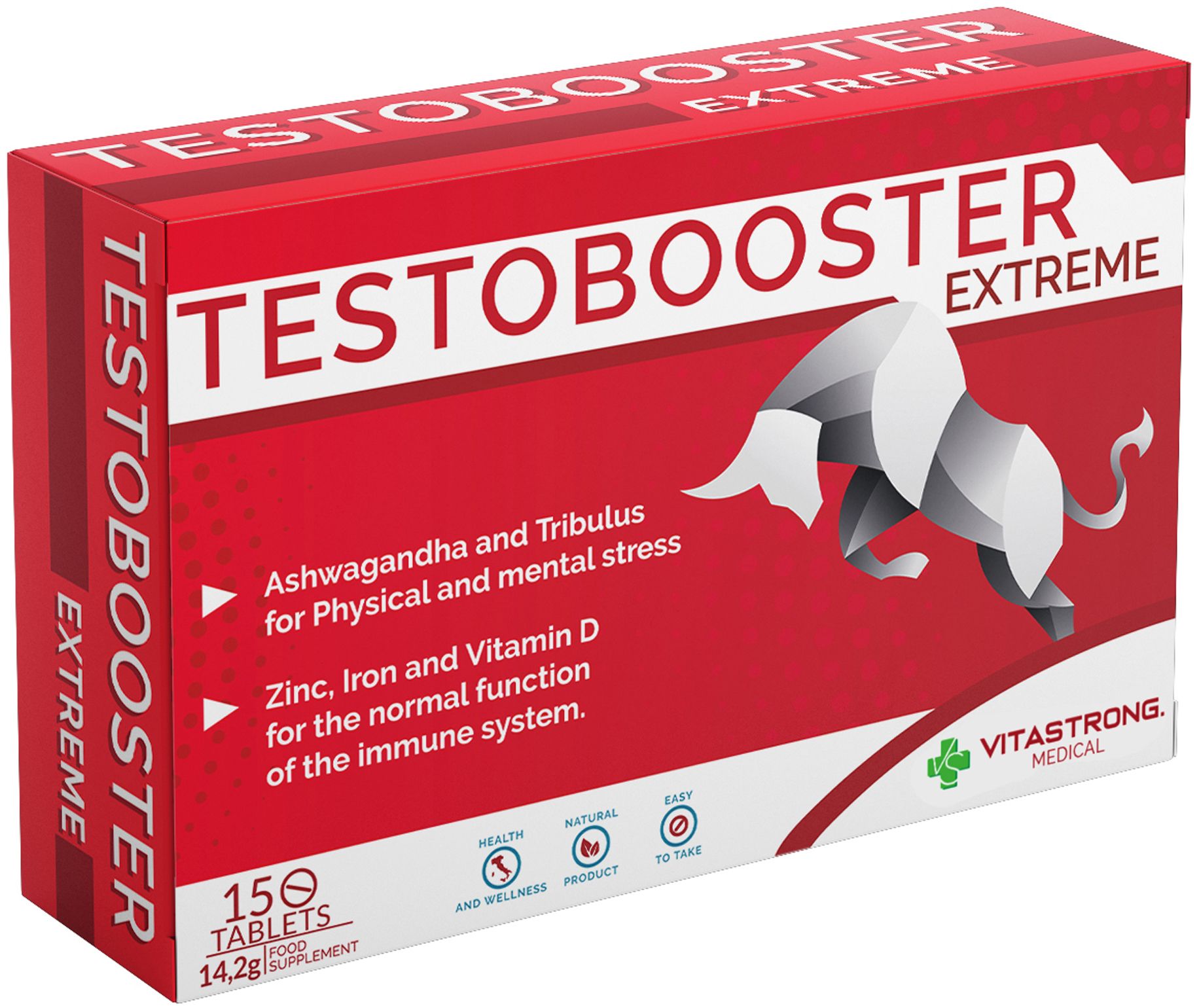 Vitastrong Testobooster Extreme Verpackung mit Stier-Logo und 15 Tabletten.