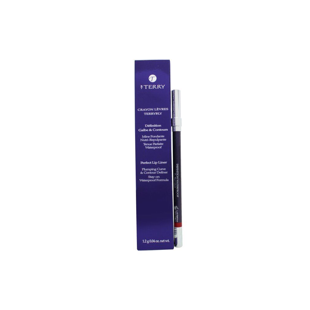 Lippenstift-Stift und Verpackung. Dunkelroter Stift, silberne Spitze. Lila Verpackung mit Text.