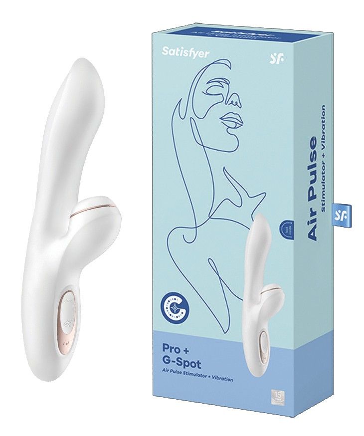 Weißer Vibrator und Verpackung. Verpackung mit Produktabbildung und Text: Satisfyer, Air Pulse, Pro + G-Spot.