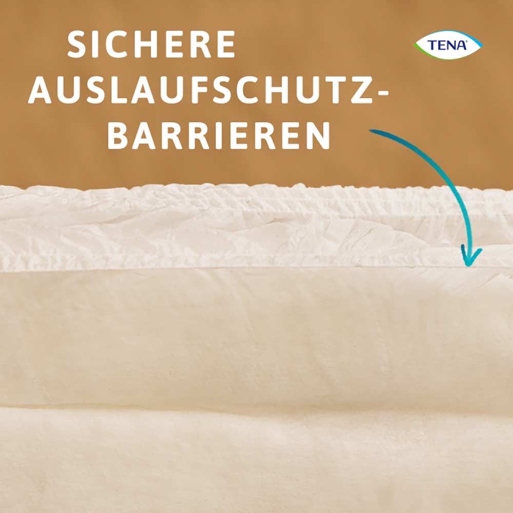 Nahaufnahme des Innenbereichs von TENA ProSkin Pants. Text: SICHERE AUSLAUFSCHUTZBARRIEREN. Logo TENA.
