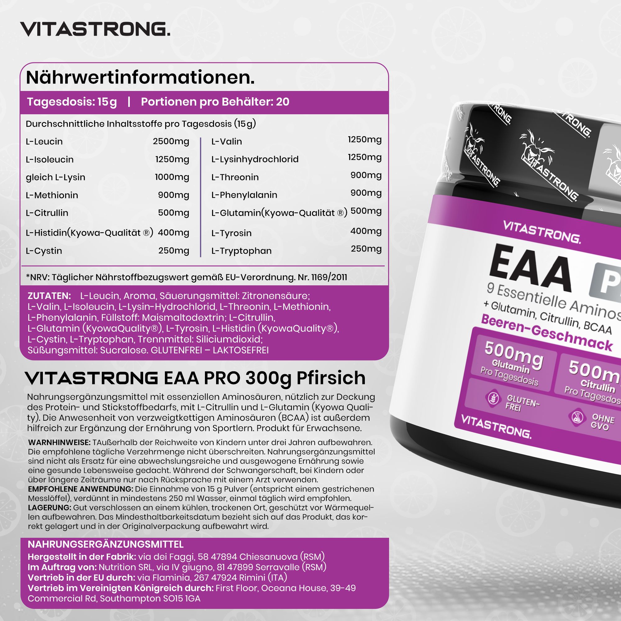 Vitastrong EAA Pro, Dose. Nährwertangaben: 15g Tagesdosis. 20 Portionen. Inhaltsstoffe.