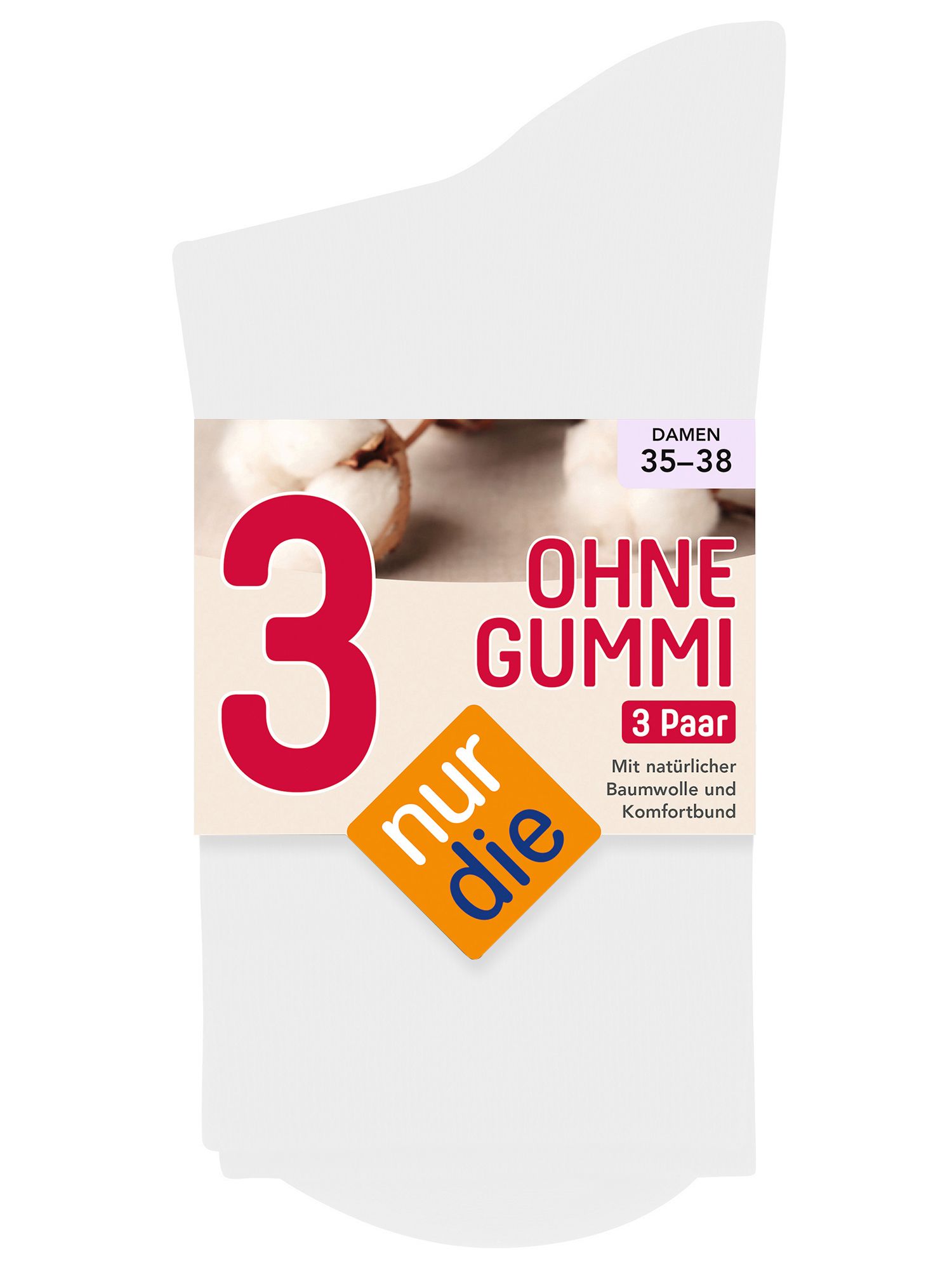 Weiße Socken, 3er-Pack, mit Etikett. Aufschrift: "OHNE GUMMI", "3 Paar", "nur die". Baumwolle.