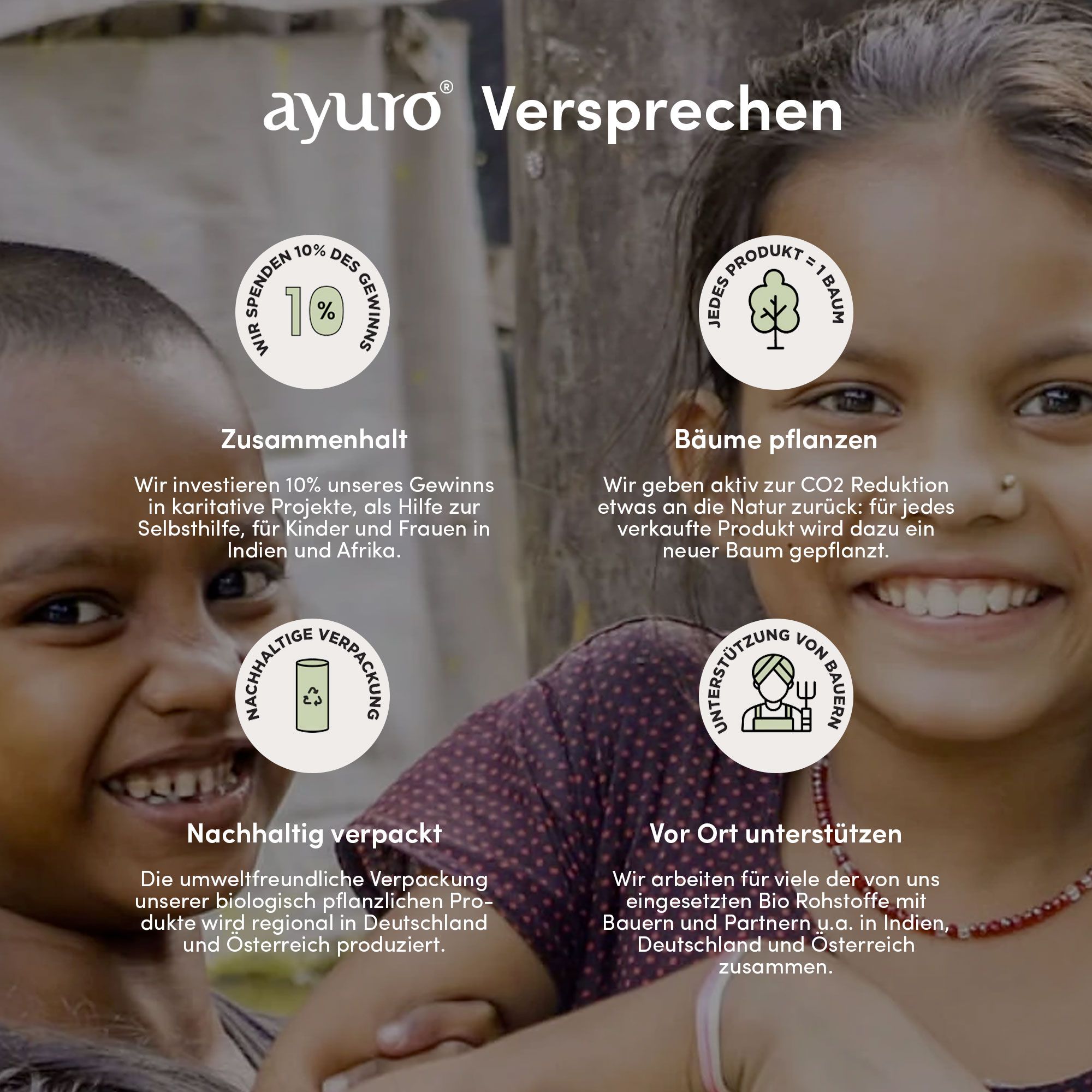 Kinder lächeln. Text: 'ayuro' Versprechen. Spenden 10% des Gewinns. Bäume pflanzen. Nachhaltige Verpackung. Unterstützung von Bauern.