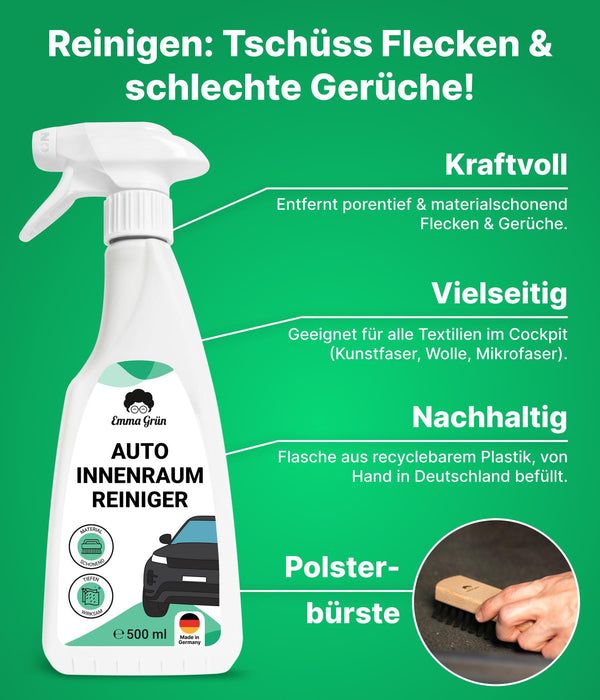 Reiniger-Flasche mit Text. "Emma Grün Auto Innenraum Reiniger". Aufschrift: "Reinigen: Tschüss Flecken & schlechte Gerüche!". Grün-weißes Design.