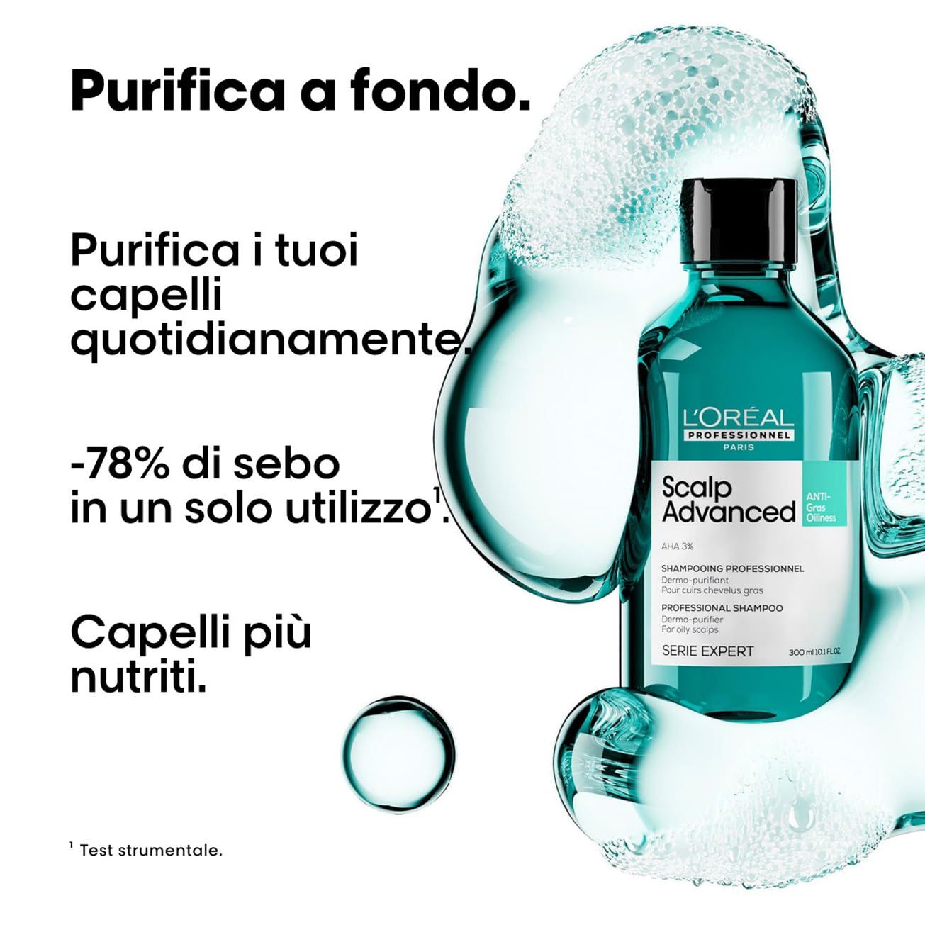 Werbebild mit Shampoo-Flasche und Schaum. Text: Purifica a fondo, -78% di sebo, Capelli più nutriti. L'Oréal Professionnel Scalp Advanced.