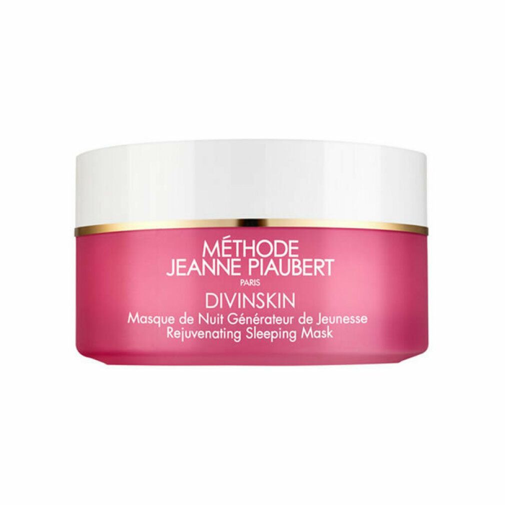 Rosa Tiegel mit weißem Deckel. Goldener Rand. Schriftzug: Méthode Jeanne Piaubert, Divinskin, Masque de Nuit Générateur de Jeunesse, Rejuvenating Sleeping Mask.