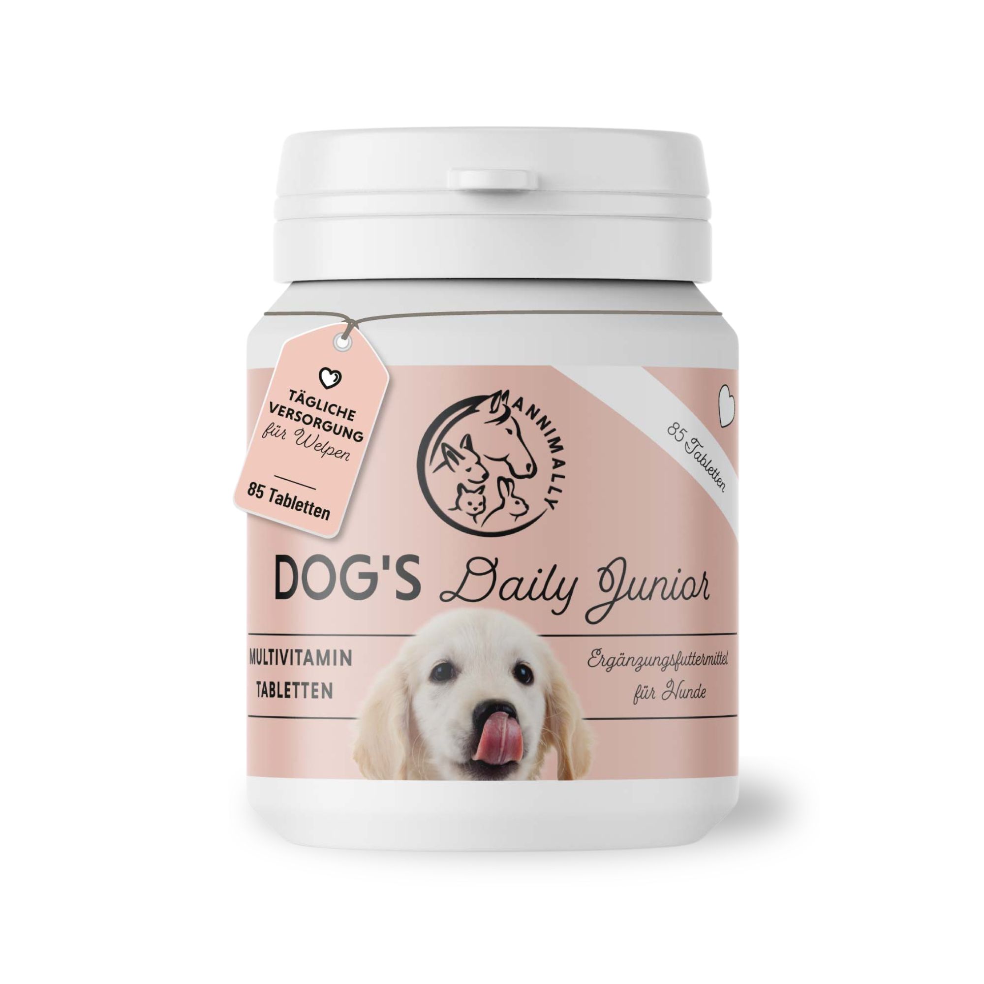 Eine weiße Flasche mit dem Produkt Dog's Daily Junior. 85 Tabletten. Ergänzungsfutter für Hunde. Mit Anhänger.