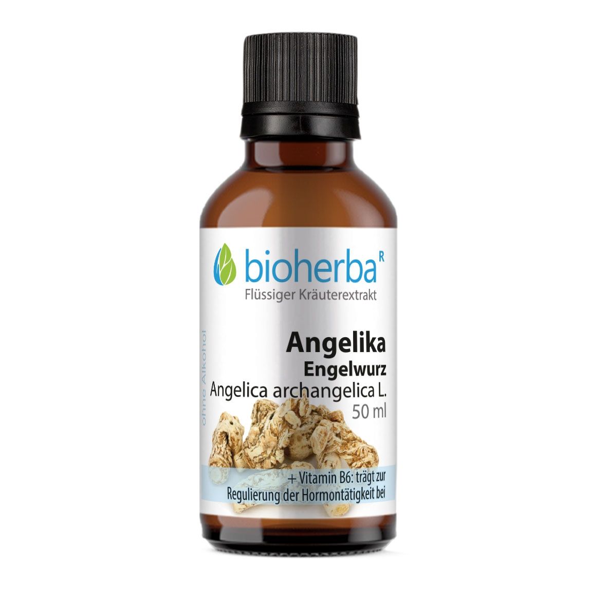 Braune Glasflasche mit schwarzem Deckel. Etikett mit Produktname, Logo und Inhaltsangaben. 50 ml.