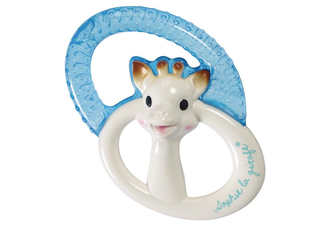 Beißring mit Giraffen-Design. Weißer Körper, blauer Ring. Marke: Sophie la girafe.