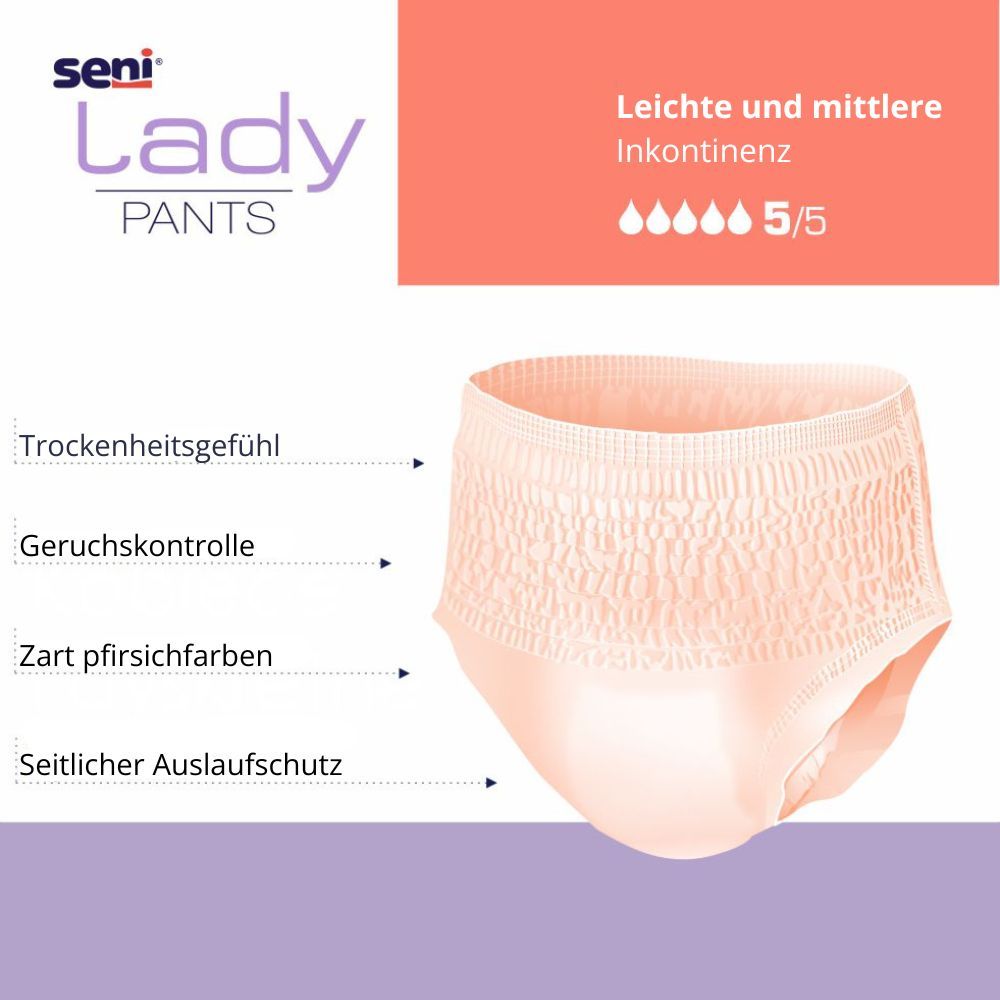Seni Lady Pants. Hellrosa Inkontinenzhose. Produktmerkmale: Trockenheitsgefühl, Geruchskontrolle, zart pfirsichfarben, seitlicher Auslaufschutz.