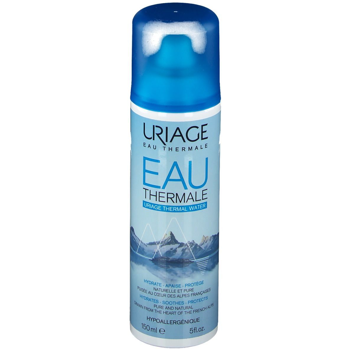 Uriage Eau Thermale Spray. Blaue Sprühflasche mit blauem Deckel. Produktname und Berge. 150ml.