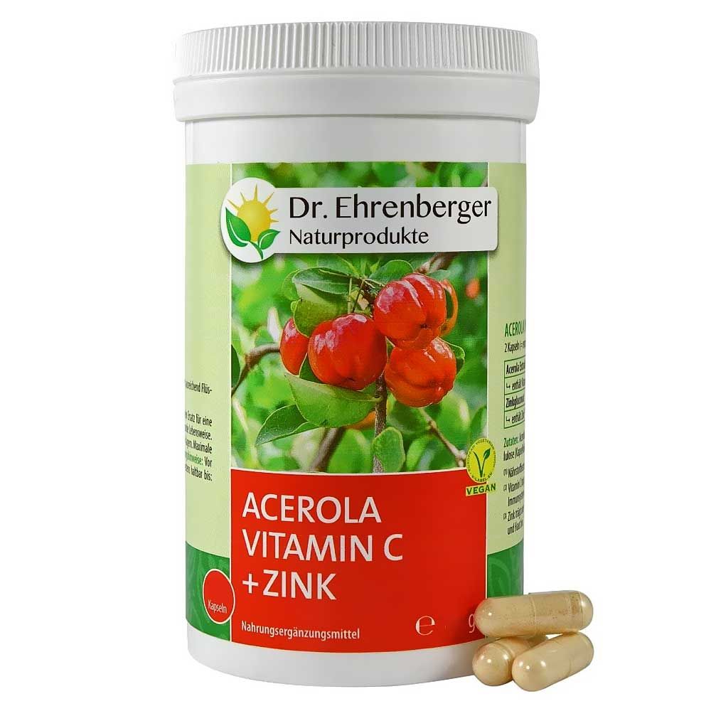 Weiße Dose mit Kapseln. Aufschrift: Acerola Vitamin C + Zink. Logo: Dr. Ehrenberger Naturprodukte. Vegan-Siegel.