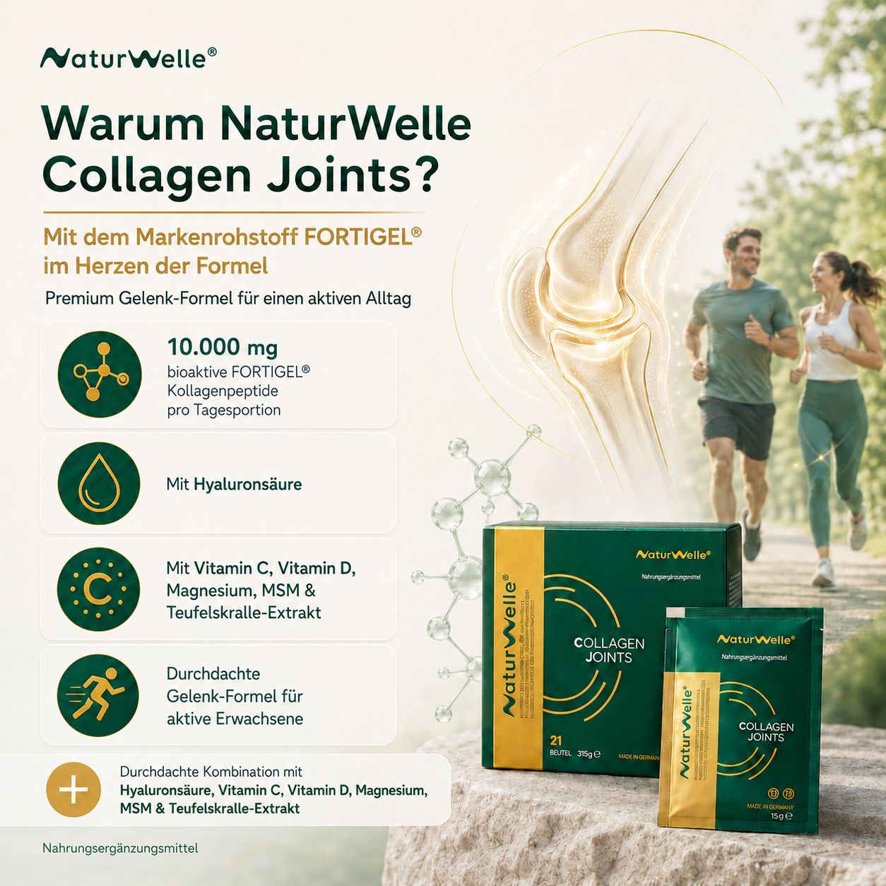 NaturWelle Collagen Joints: Fokus auf Knorpel & Knochen, Muskeln, Formel mit Kollagenpeptiden und Mikronährstoffen.