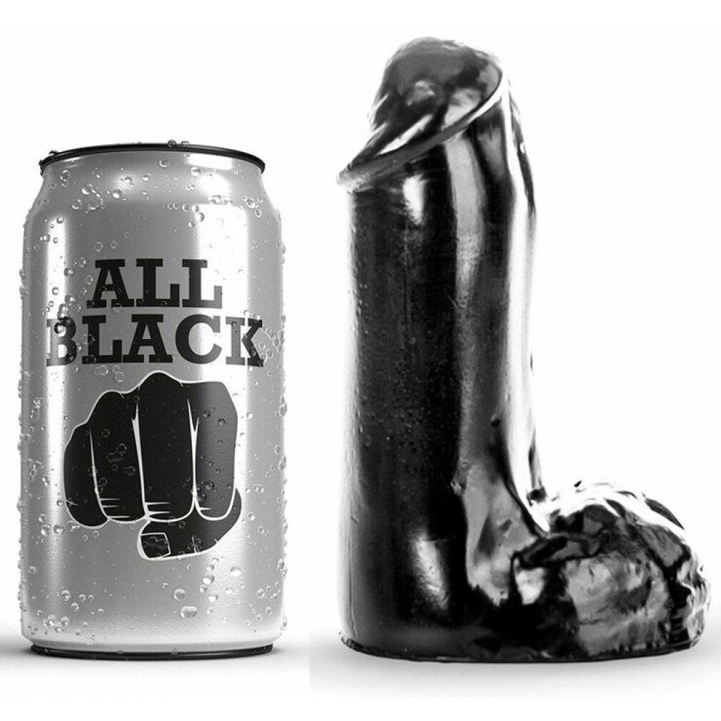 Schwarzer Dildo neben einer Dose mit "ALL BLACK" und Faust-Logo. Glänzende Oberfläche, detaillierte Formgebung.