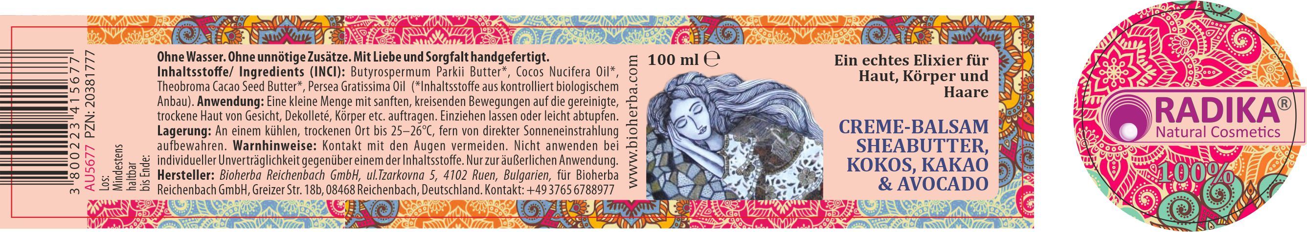Glasbehälter mit goldfarbenem Deckel. Etikett mit Illustration und Text: Creme-Balsam, Sheabutter, Kokos, Kakao & Avocado. 100 ml.