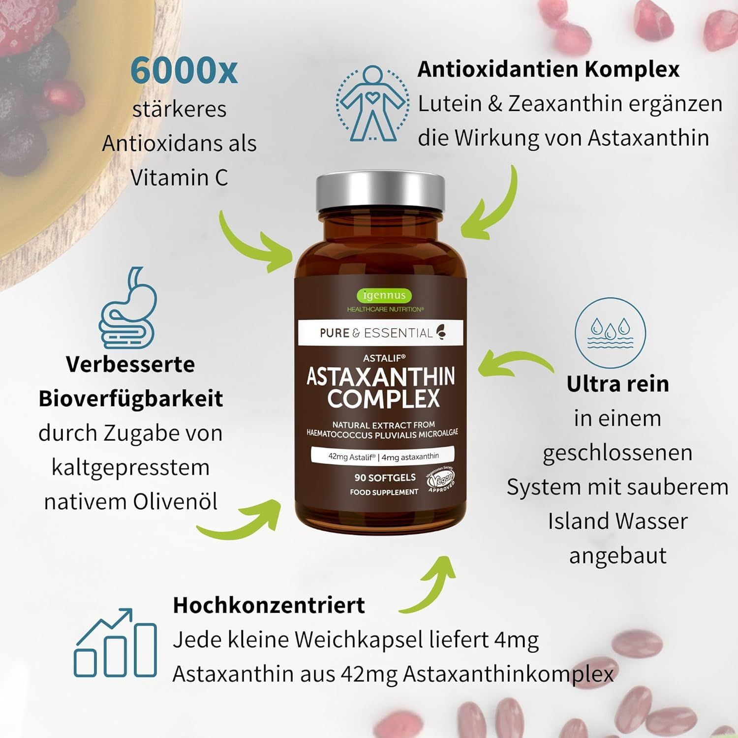 Igennus Astaxanthin Komplex Flasche umgeben von Icons, die Vorteile wie Antioxidans-Stärke und Bioverfügbarkeit hervorheben.