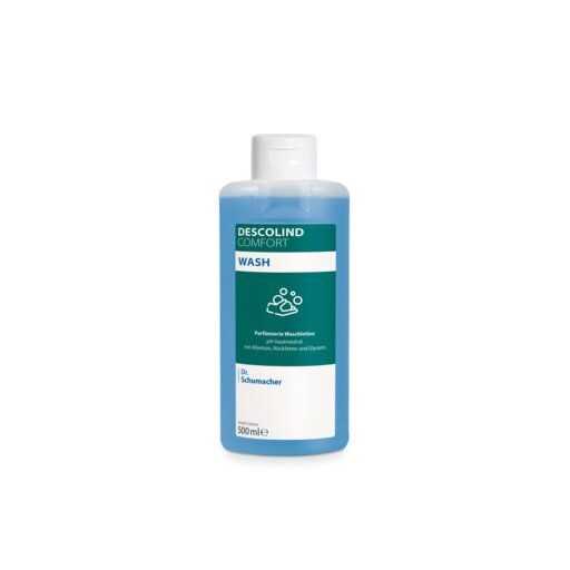 Blaue Flasche mit weißem Deckel. Aufschrift: Descolind Comfort Wash. Text auf blauem Etikett. 500ml.