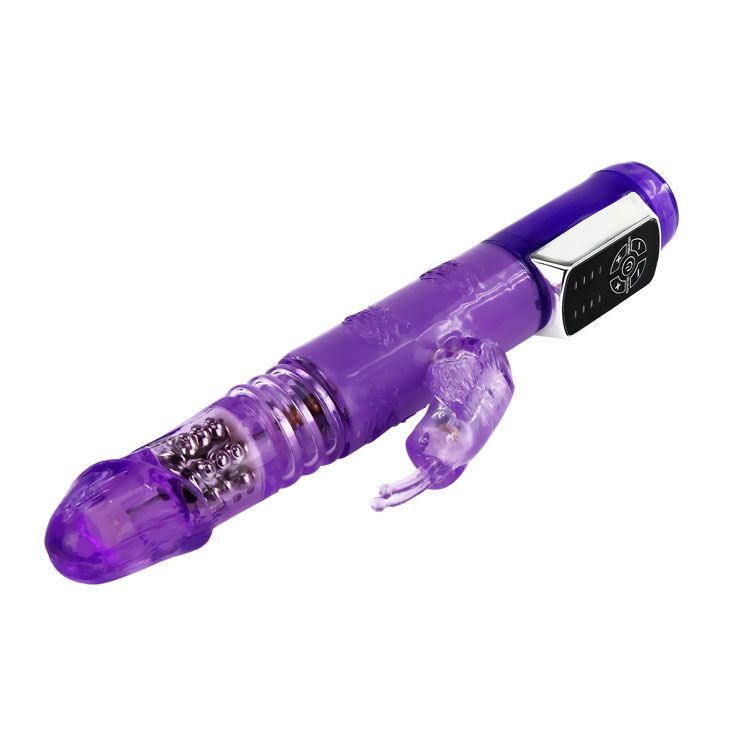 Lila Vibrator mit Schmetterling-Aufsatz und Steuerung. Mit geriffelter Oberfläche und Steuerung.
