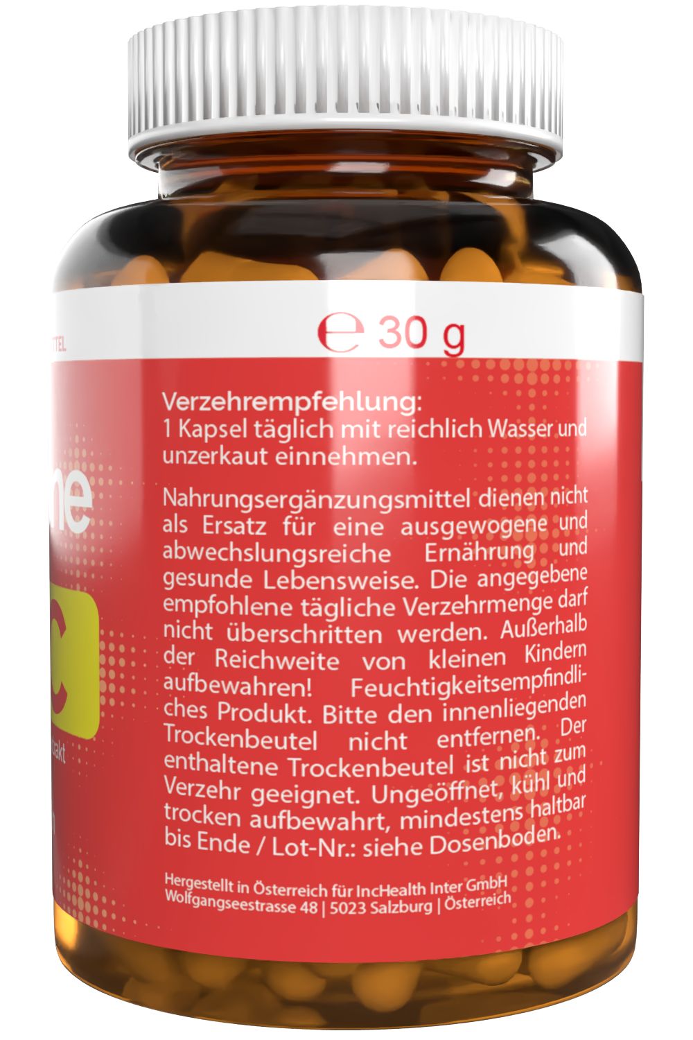 Rückseite einer Flasche mit Kapseln. Rotes Etikett mit Verzehrempfehlung und Warnhinweisen. Gewicht: 30 g.