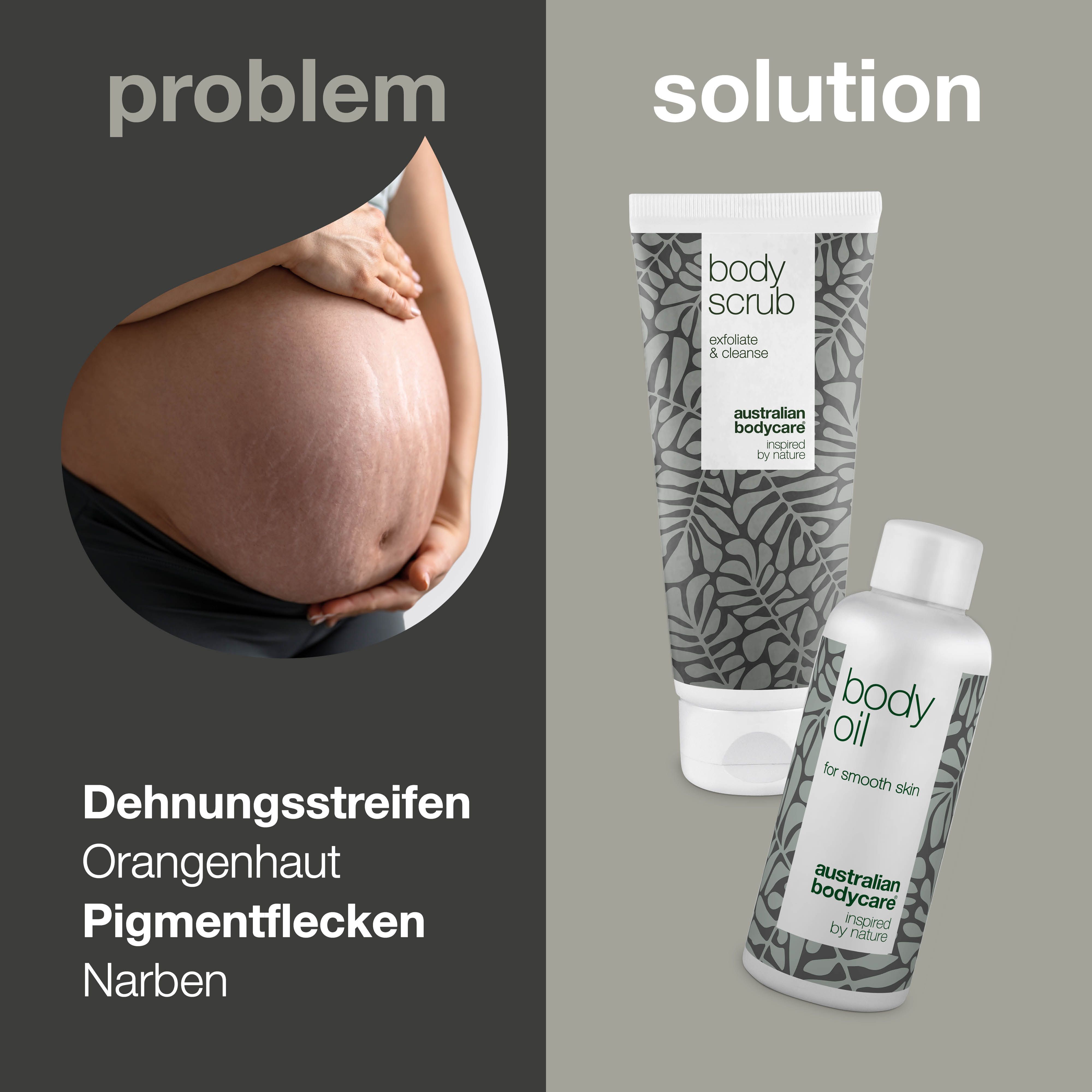 Problem und Lösung. Schwangere Frau und Produkte. Aufschrift: Body Scrub, Body Oil, Australian Bodycare.