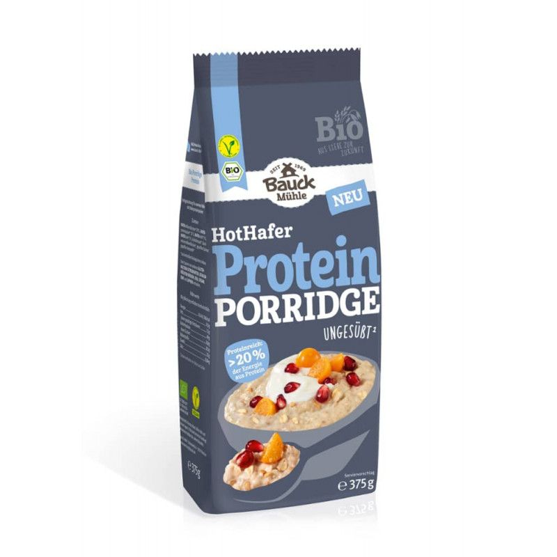 Verpackung von Hot Hafer Protein Porridge Bio. Blaue Tüte mit Produktnamen, Logo und Abbildung von Porridge mit Früchten.
