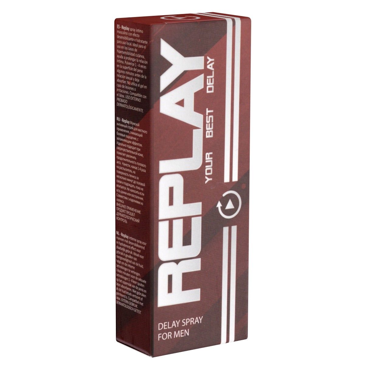 Replay Delay Spray für Männer. Rechteckige Verpackung in Rot- und Silbertönen. Aufschrift: REPLAY, YOUR BEST DELAY, Delay Spray for Men.