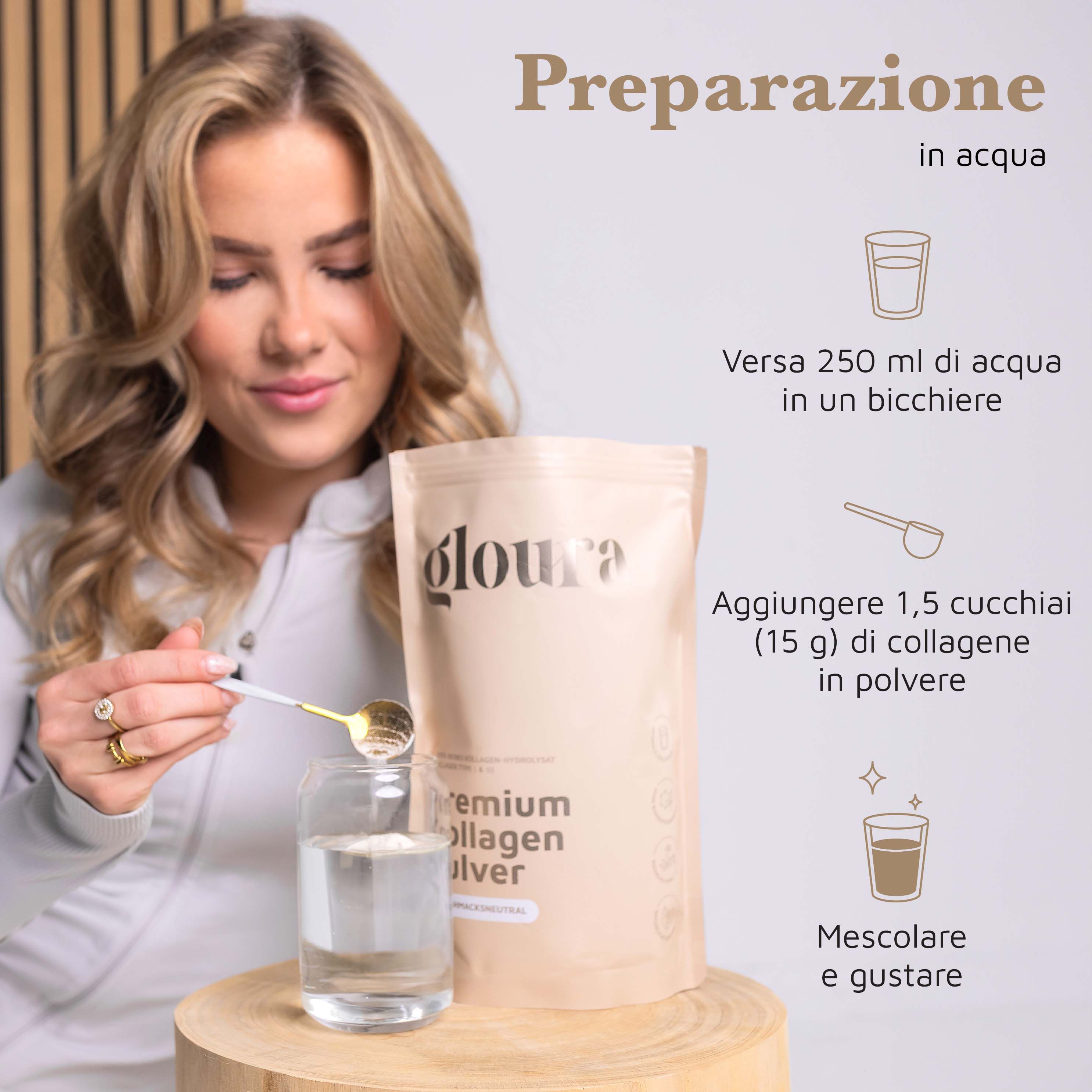 Eine Frau gießt Pulver in ein Glas Wasser. Daneben steht eine Packung.