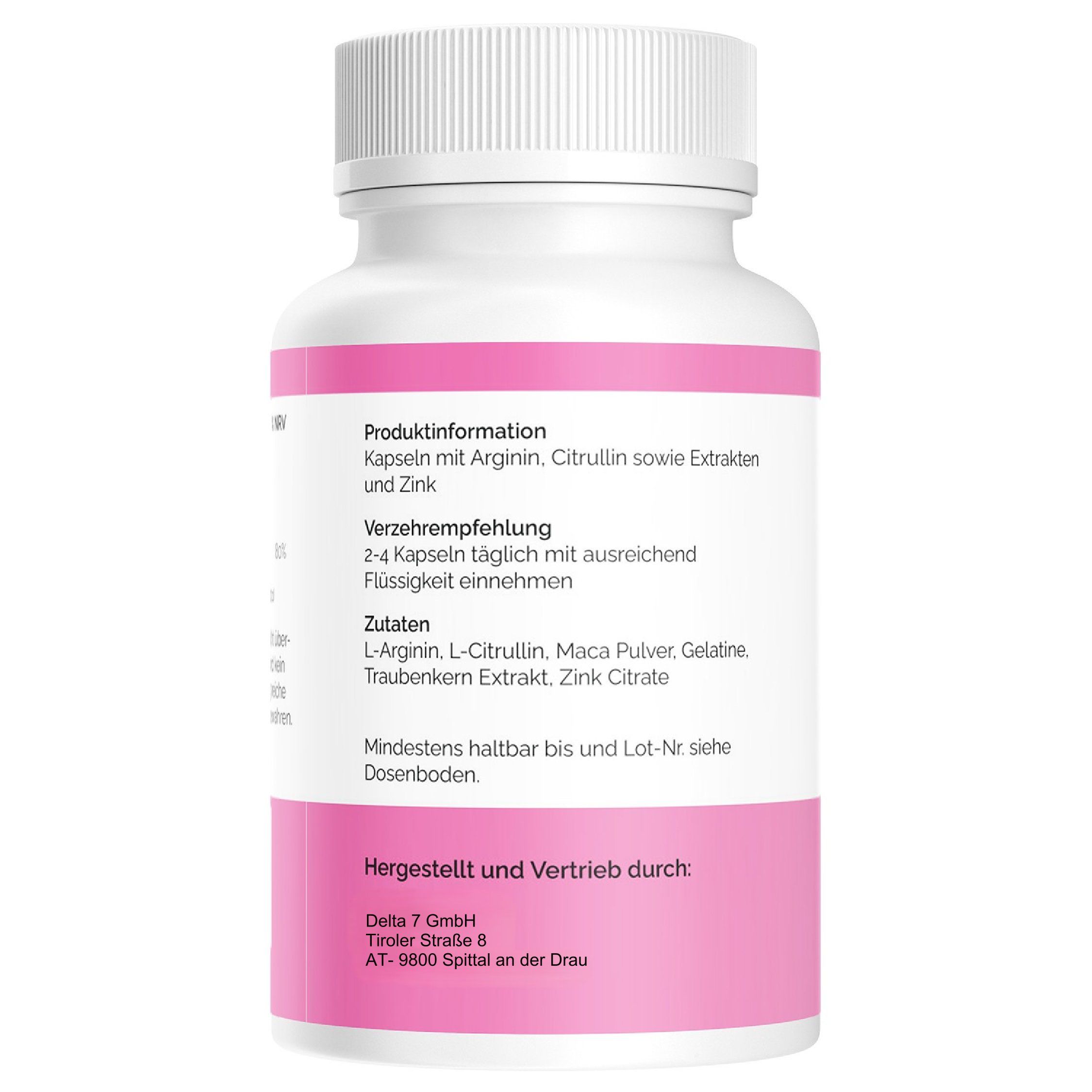 Rückseite einer weißen Flasche. Text: Produktinformationen, Verzehrempfehlung, Zutaten, Mindesthaltbarkeit. Hergestellt und Vertrieb durch: Delta 7 GmbH.